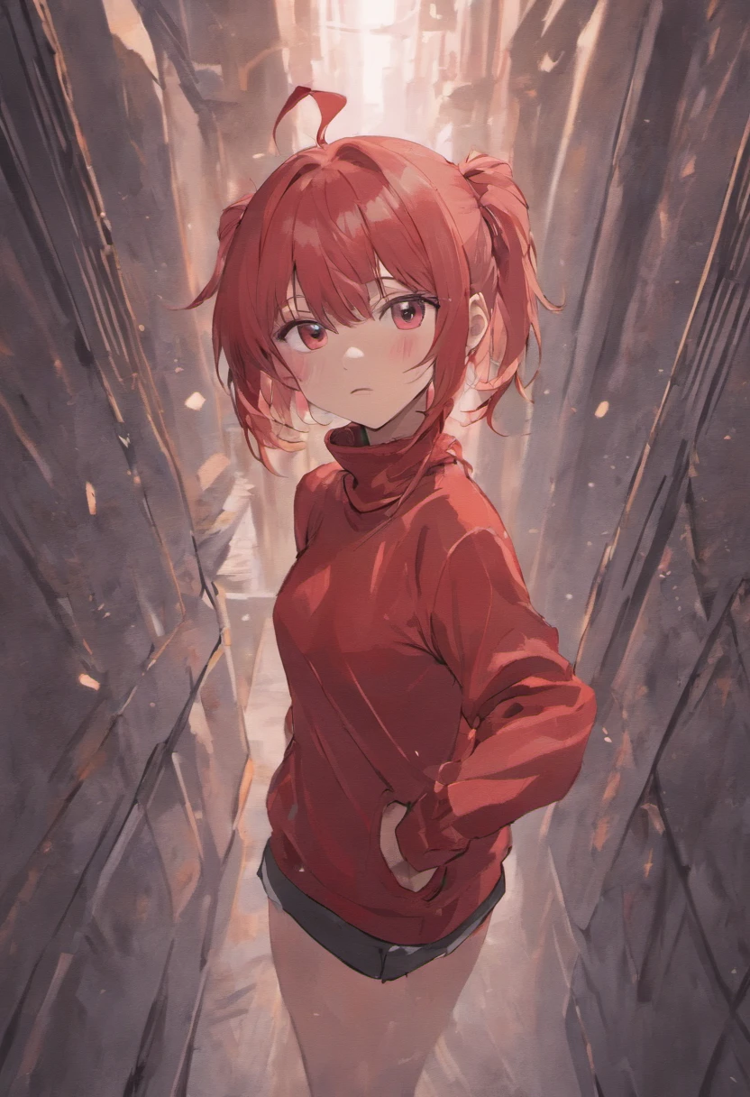 One girl、Composition of the subject seen from the front、Long Sleeve Red Turtleneck Knit、White shorts、red headwear、Gray ponytail、Pose with one arm thrust forward、The background is all white