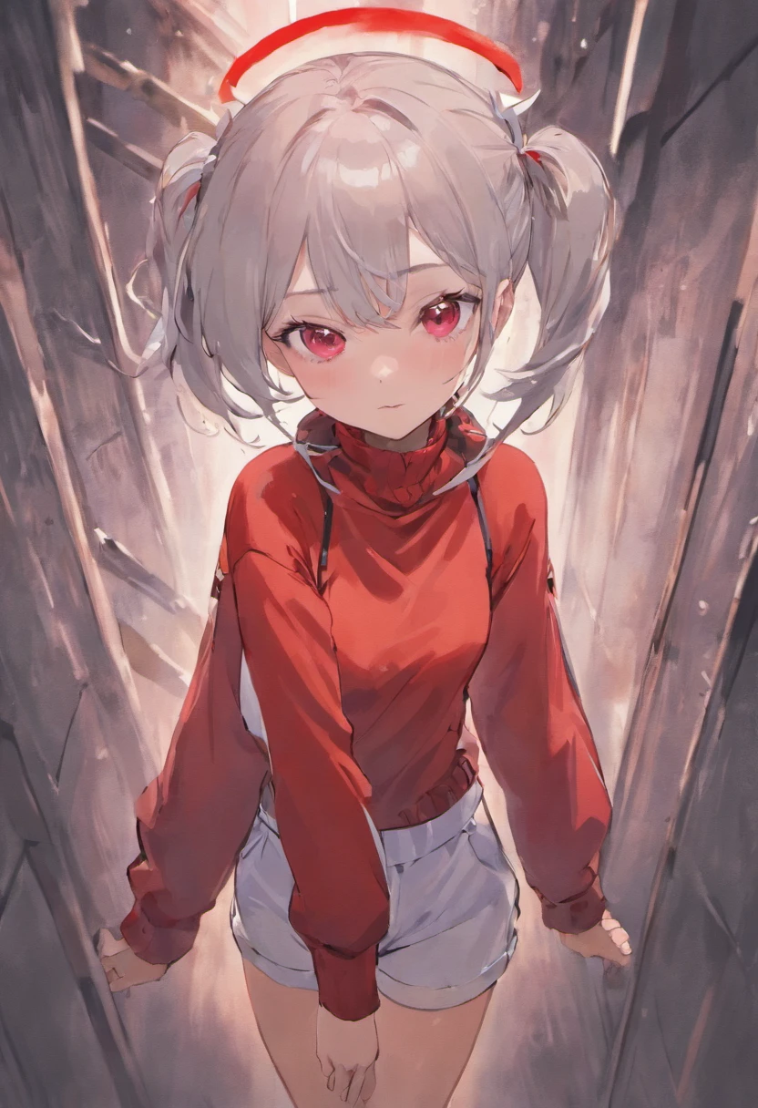 One girl、Composition of the subject seen from the front、Long Sleeve Red Turtleneck Knit、White shorts、red headwear、Gray ponytail、Pose with one arm thrust forward、The background is all white