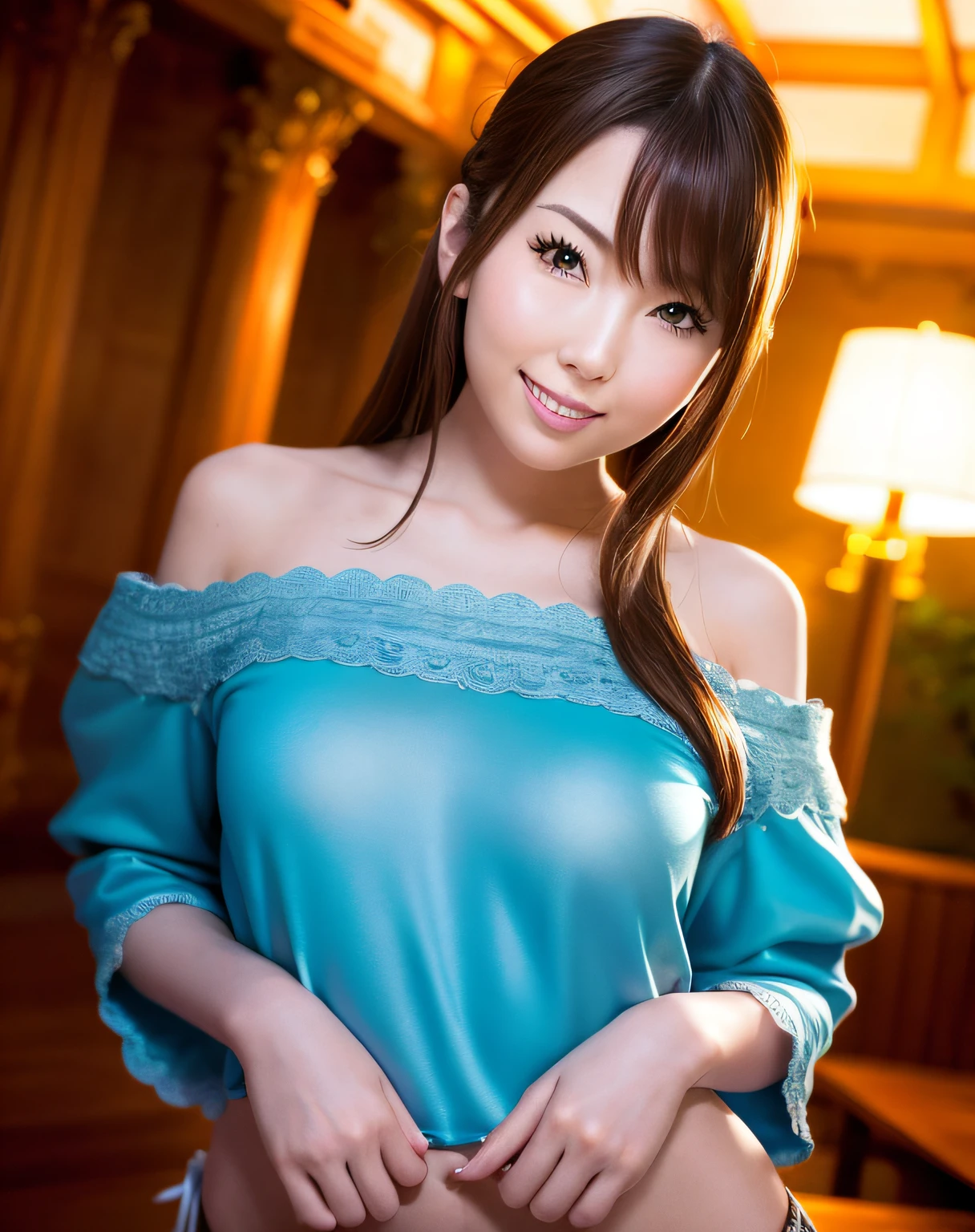 best quality, face focus, soft light, (depth of field) ,ultra high res, (photorealistic:1.4), RAW photo, (portrait:1.4) ,(from front)
1japanese girl, solo, cute, (shy, smile:1.1), (brown eyes),  detailed beautiful face, (midi_hair),
The Great Hall of a European Castle, walking,
(off shoulder shirt)