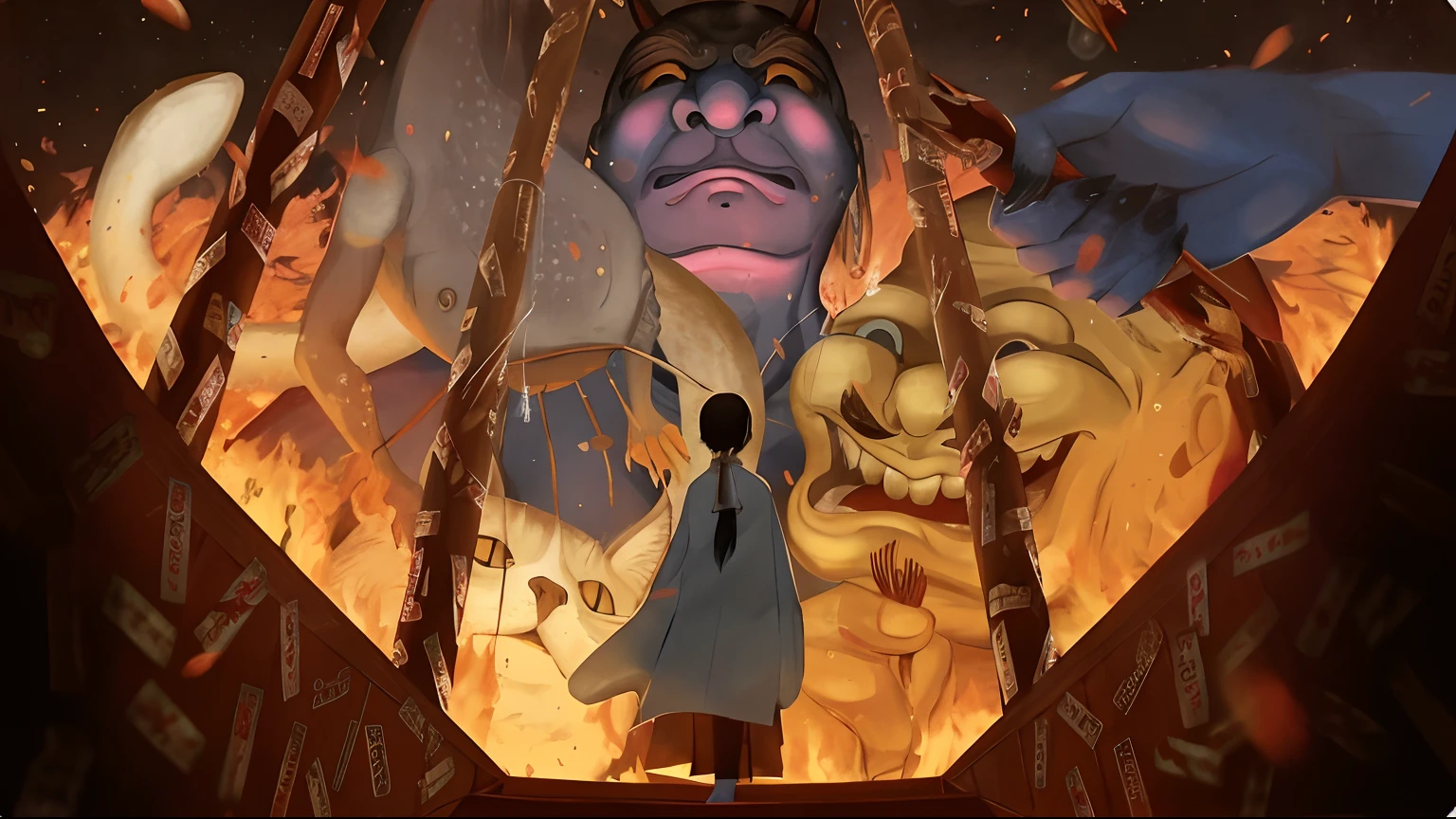 There is a man standing in front of the fire, Satoshi Ima's style, by Kamisaka Sekka, anime still film anime shikishi, anime fantasy illustration, inspired by Satoshi Kon, miyazaki's animated film, satoshi kon artstyle, screenshot from guro anime, anime epic artwork, Spirited Away, dreamy psychedelic anime