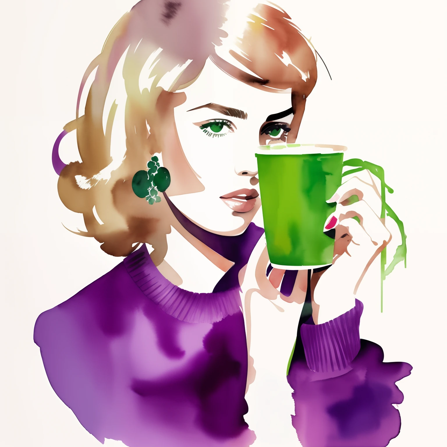 David downton fashion illustration, blonde woman thin hair french bob, cute face, andreea diaconu, purple knitted sweater, work laptop, green tea cup, watercolor art