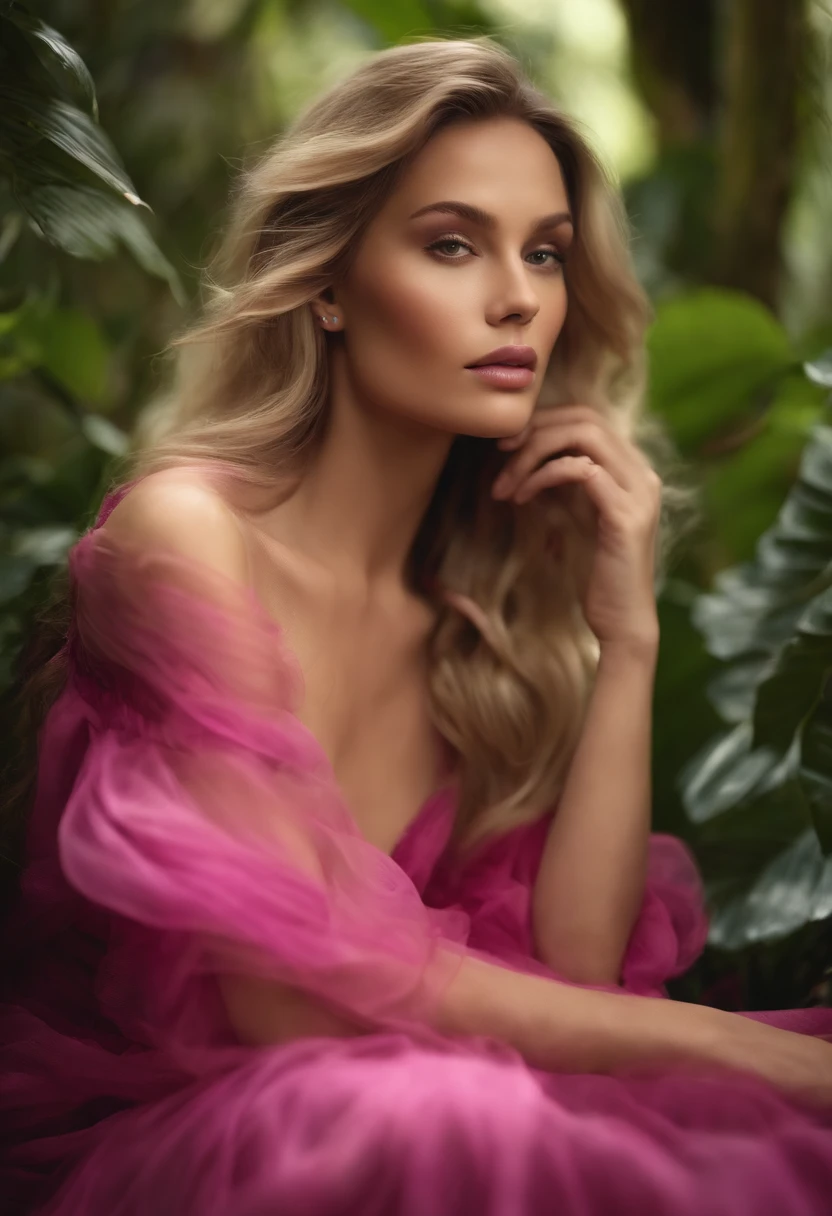 Jungle, in the style of ethereal portraiture, light white and light magenta, celebrity photography, album covers, barbiecore, crisp and delicate, light yellow and light magenta.