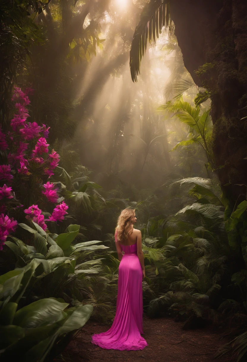 Jungle, in the style of ethereal portraiture, light white and light magenta, celebrity photography, album covers, barbiecore, crisp and delicate, light yellow and light magenta.