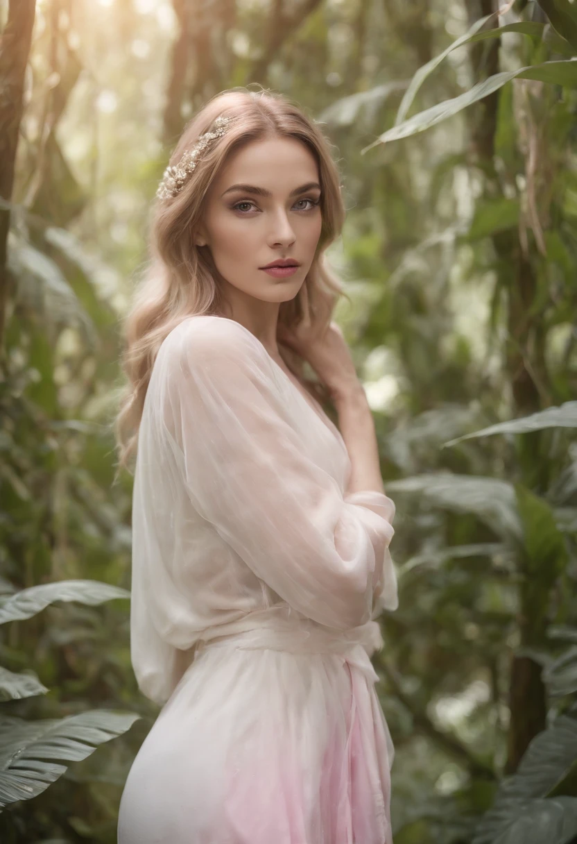 Jungle, in the style of ethereal portraiture, light white and light magenta, celebrity photography, album covers, barbiecore, crisp and delicate, light yellow and light magenta.