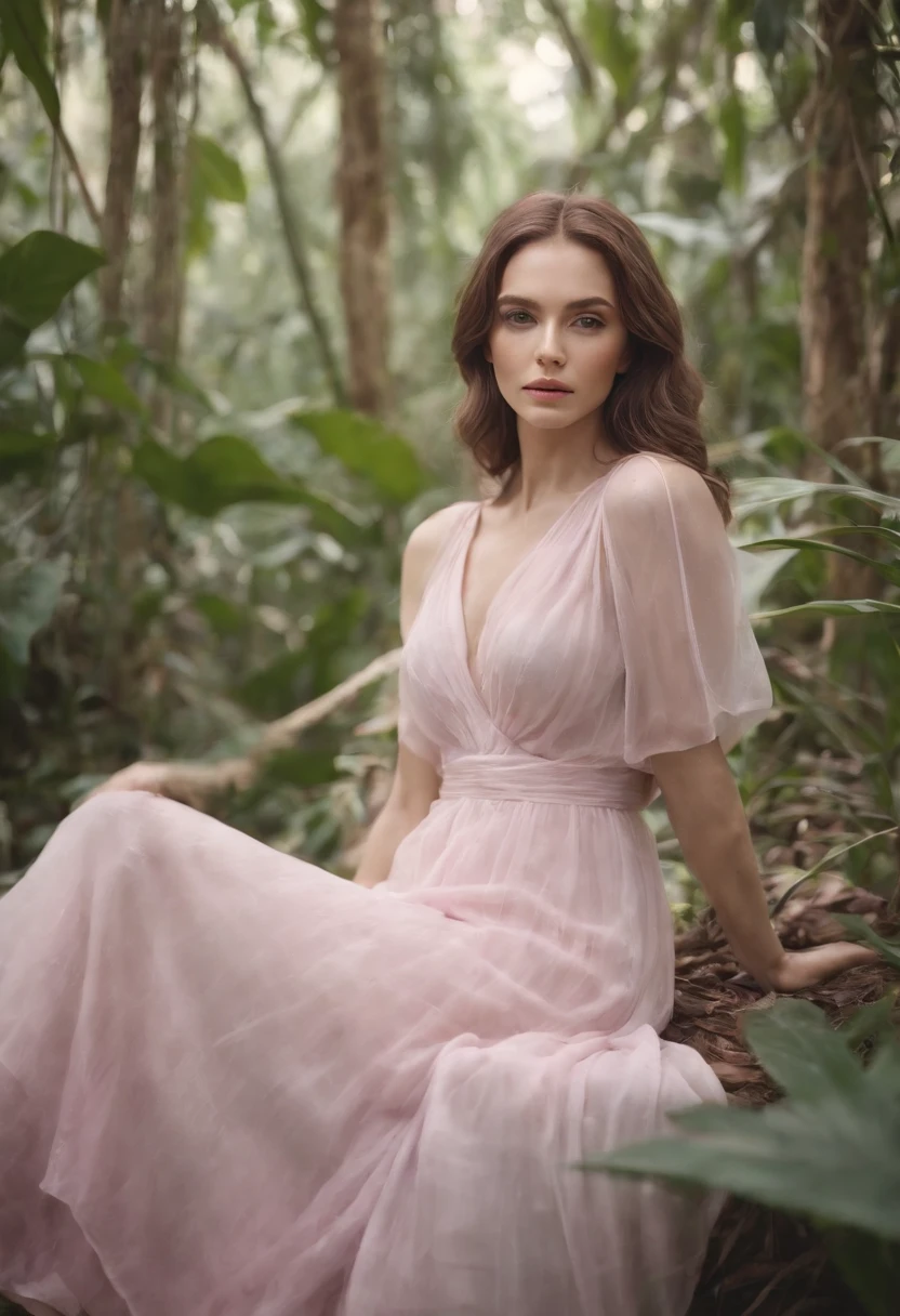 Jungle, in the style of ethereal portraiture, light white and light magenta, celebrity photography, album covers, barbiecore, crisp and delicate, light yellow and light magenta.
