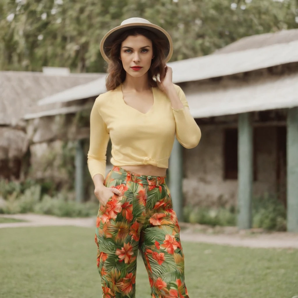 a woman wearing tropical colored pants, a hat, in the style of ilford pan f, made of rubber, punk, kodak vision3 250d 5207, poolcore, danish golden age, reflective --ar 2:3 --v 5