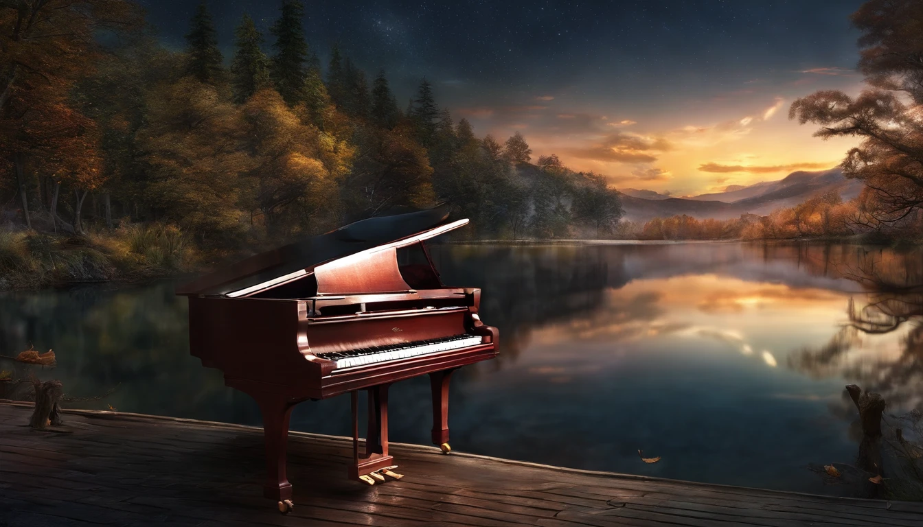 natta、An endless lake、night sky full of stars、A grand piano on a lake、The grand piano shines lit up、Top image quality、Aori