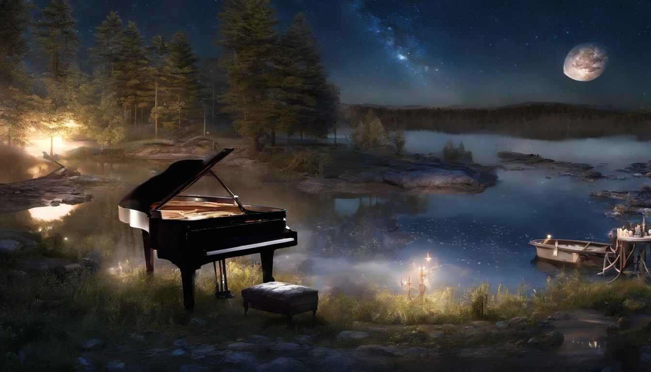 natta、An endless lake、night sky full of stars、A grand piano on a lake、The grand piano shines lit up、Top image quality、Aori