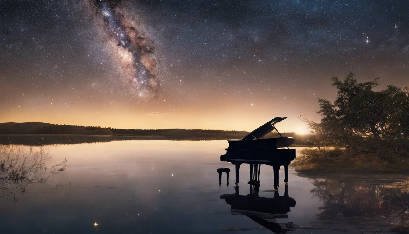 natta、An endless lake、night sky full of stars、A grand piano on a lake、The grand piano shines lit up、Top image quality、Aori