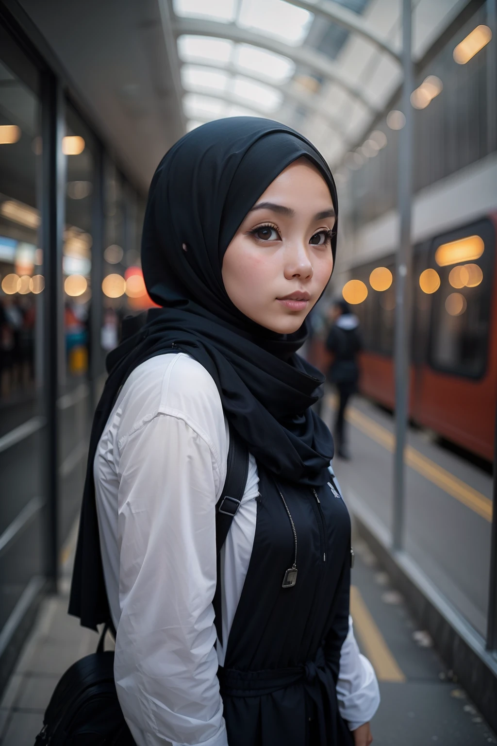 Photograph a Malay girl in hijab as she navigates the urban jungle, confidently commuting to work or school, showcasing her modern lifestyle in the heart of the city.