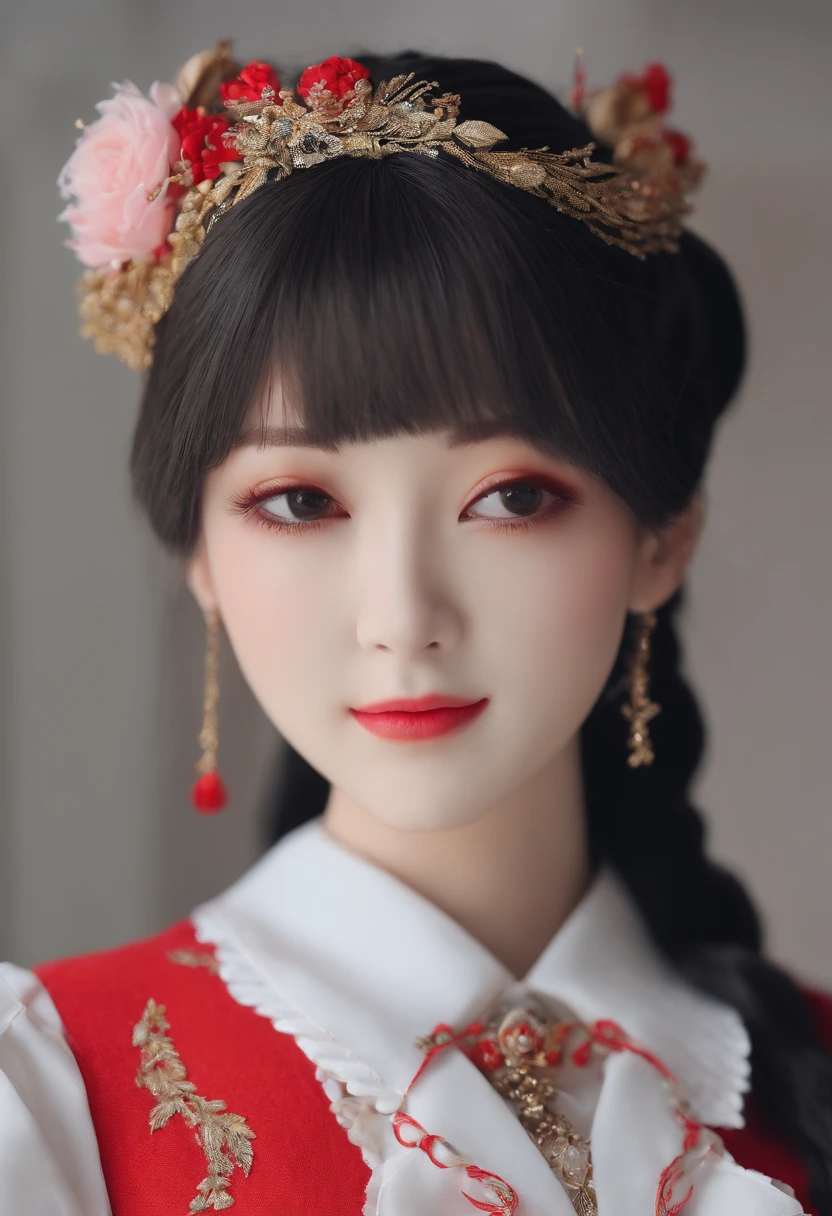A beautiful and cute Japanese girl of 18 years old,She has long black braids, with fair skin,The makeup is very light, Dressed in ballet girl style, Light blue Lolita top and white short sleeves, White mini Lolita skirt, White leg socks, White Mary Jane shoes, Fair and smooth skin, Moist red lips, Small nose, Thin bracelet, full bodyesbian, In bright romantic colors, Thin, Vest line, Beautiful collarbone, Clear jawline, The heart of the Cold War, In the style of Kojima Bunmi, Gorgeous Rococo style, dark red and light gold, Romantic and passionate style, Ioann Lossel, Regional system, Dark and scarlet, Balance asymmetry, A cinematic scene, Long shot, one-point perspective, Tyndall effect, Best quality, hyper HD, ultra - detailed