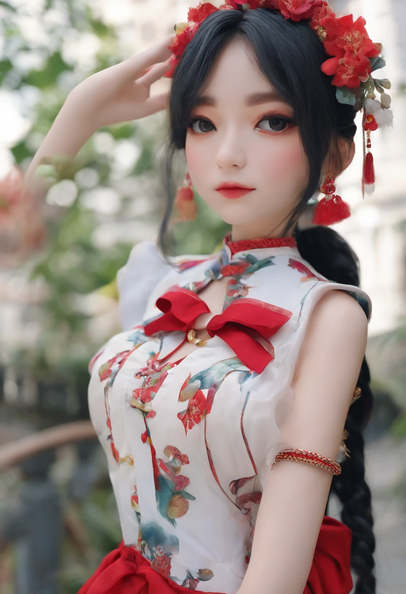 Magazine cover(masterpiece, best quality:1.2),woman,shy(((The eyes are delicate)))Wet body((Red cheongsam)),rain(8K)(HD)