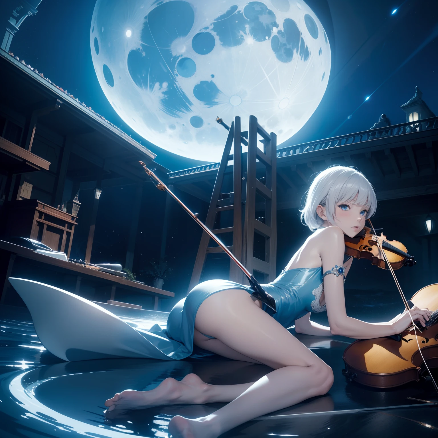 Georges Lepape, Anne Anderson, Margaret Tarrant, Kenji Tsuruta, surreal, strange, weird, sci-fi fantasy, fantastic, astronomical reflector telescope, moon sinking under ocean, hot house, solo girl playing violin, hyperdetailed high definition high resolution high quality masterpiece very tight small short dress