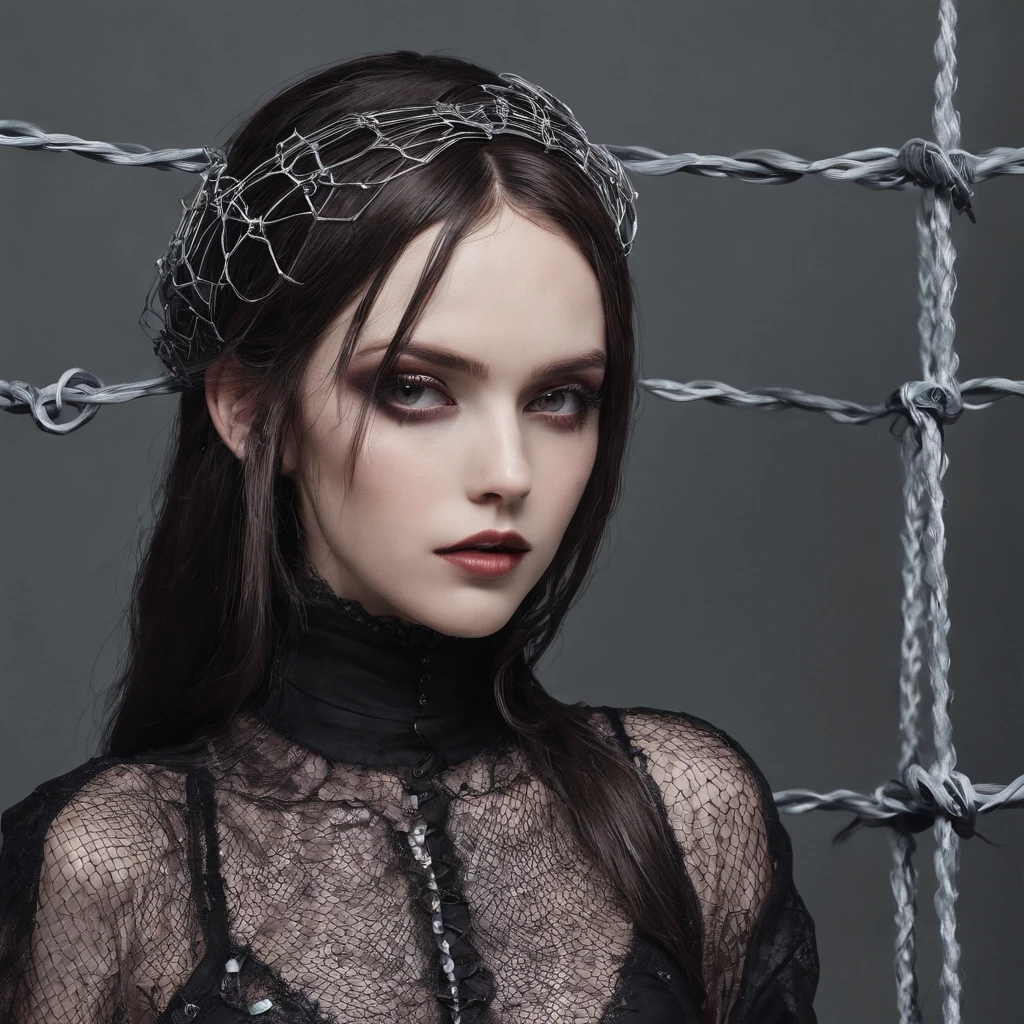 Girl with gothic net symbolic clothes, 。.。.com (Barbed wire of the body) brunette color hair，Gray hair ends