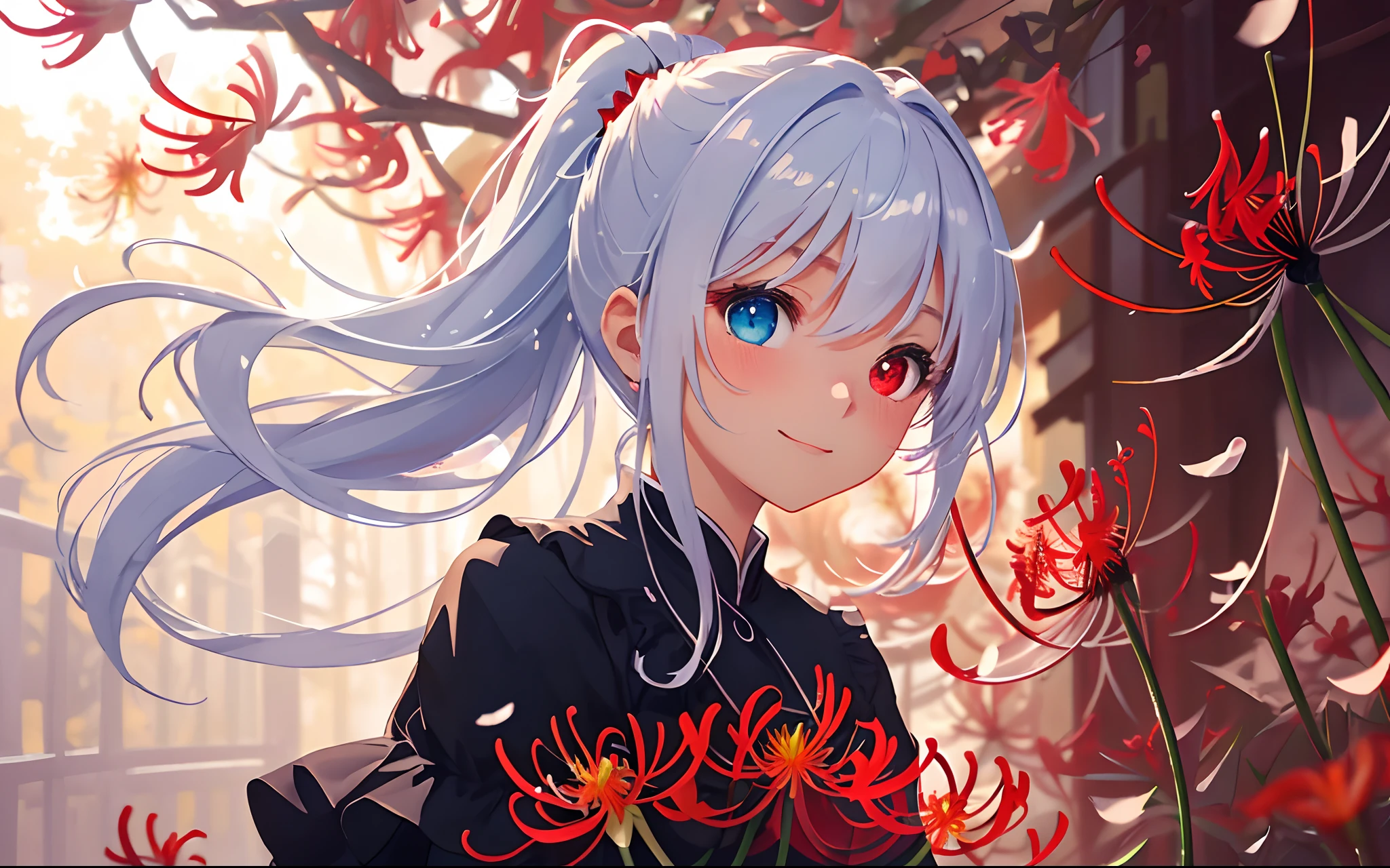 masterpiece、top-quality、Photorealsitic、ultra-detailliert、delicate、orderly,High Detail、(cute little)、Beautiful fece、An majestic、Glossy、shinny skin、bluish-silver ponytail、 (drooping iris heterochromia iris:1.2)、、Girl with a gentle smile、A shy girl、thin、(radiant eyes)、ambient occlusion,ambient lights,ray trace reflection, Glow,dynamic ungle、Dutch Angle、cowboy shot、blured background、deep-shadows、(Red Spider Lily:1.3)、autumnal、Autumn clothes、Fluttering petals