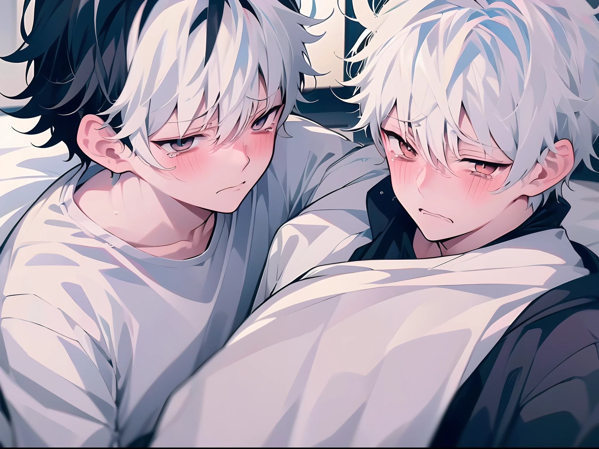 (anime styled+soft cute)male child、White-eyed、Dark hair、saddened+weeping、a closeup、tears。