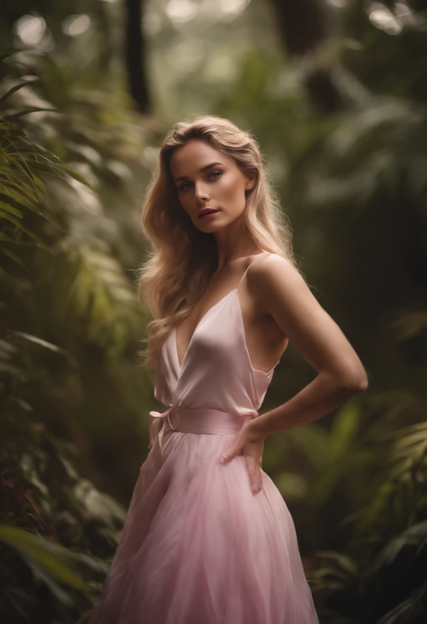 Jungle, in the style of ethereal portraiture, light white and light magenta, celebrity photography, album covers, barbiecore, crisp and delicate, light yellow and light magenta.