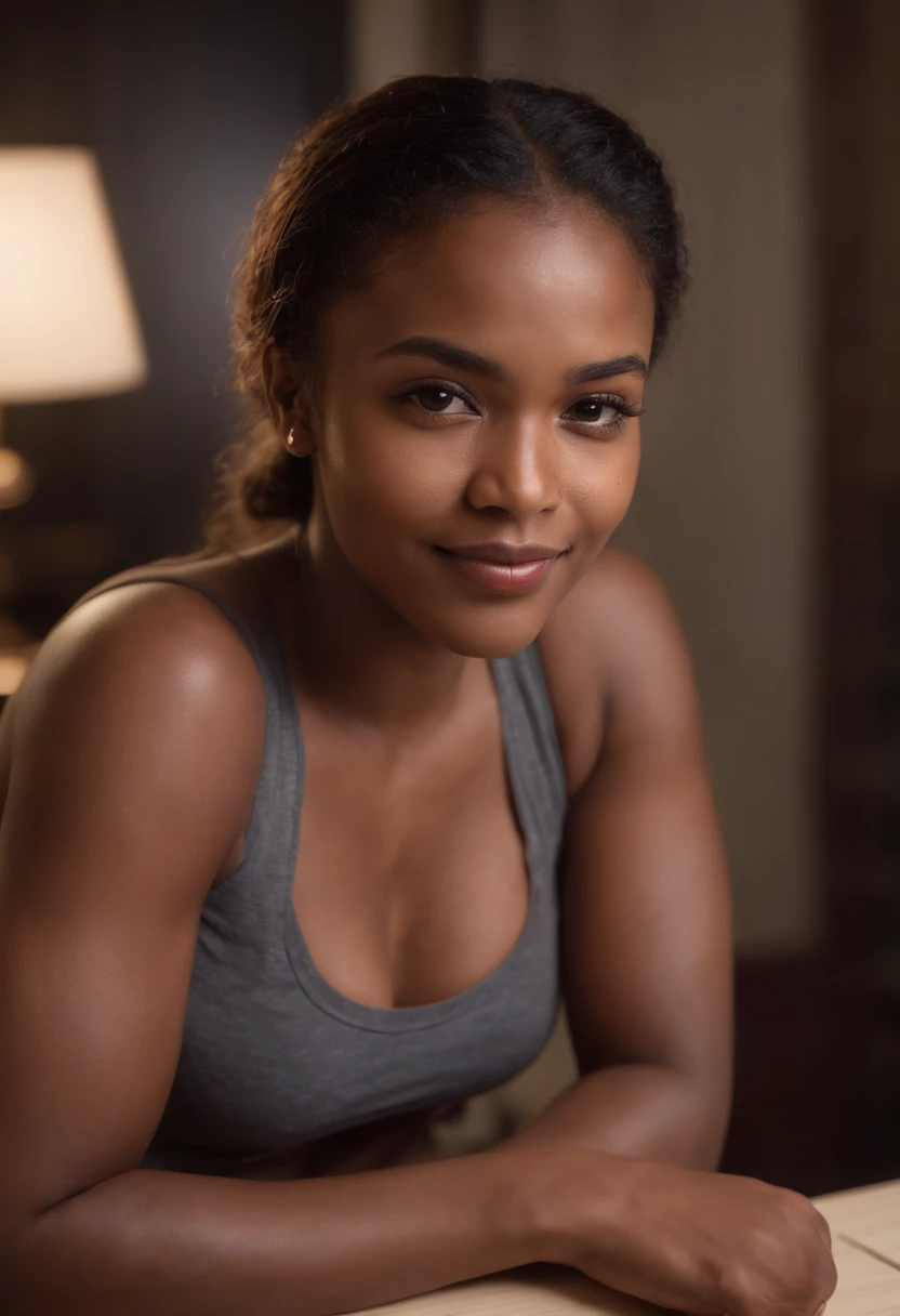 (editorial photograph of an 23 year old, melanesian woman), (slim top, cotton panties), (highly detailed face:1.4), (smile:0.9), (muscles:1.5), (sitting on the desk:1.2), (background inside dark, moody, private study, old furniture:1.1), (8k, uhd, dslr, high quality, cinematic lighting, bokeh), (dramatic, award winning photography, incredible masterpiece:1.3)