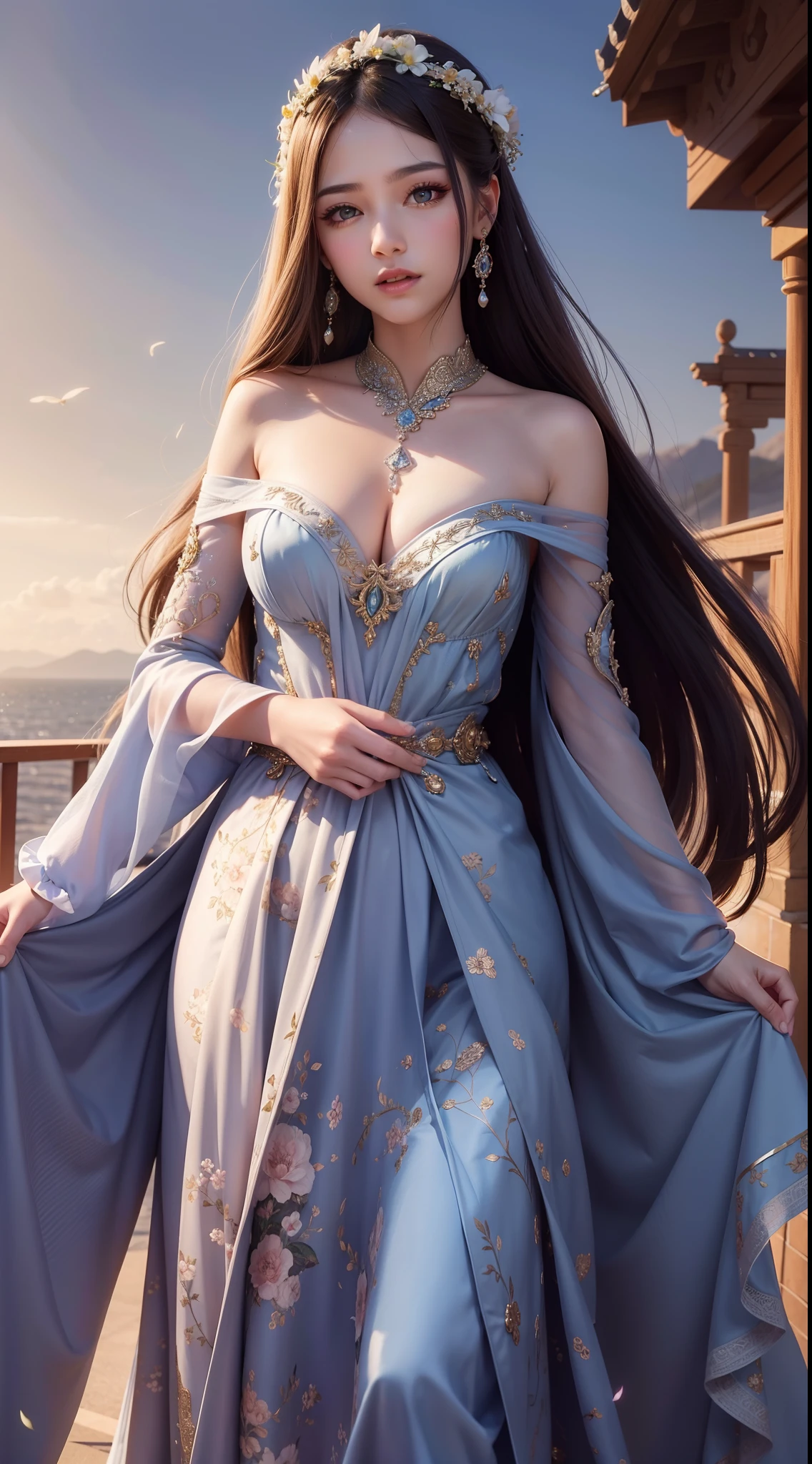 Beautiful detailed woman,very detailed eyes and faces, A detailed eye, ultra - detailed, A high resolution, The is very detailed,best qualtiy,illustratio,unified,8k 壁纸,tmasterpiece,best qualtiy,Faraway view，1girll，full bodyesbian，looki at viewer，face to the viewer，Long flowing hair，long  skirt，Background with：rays of sunshine，florals，Gorgeous，Brilliant and colorful，Random dynamic pose，Surreal 8000 grams，Impeccable，tmasterpiece，professionalartwork，famousartwork，电影灯光，cinematicbloom，Perfect face，beautifulface，fanciful，dream magical，Not real，intricately details，delicate patterns