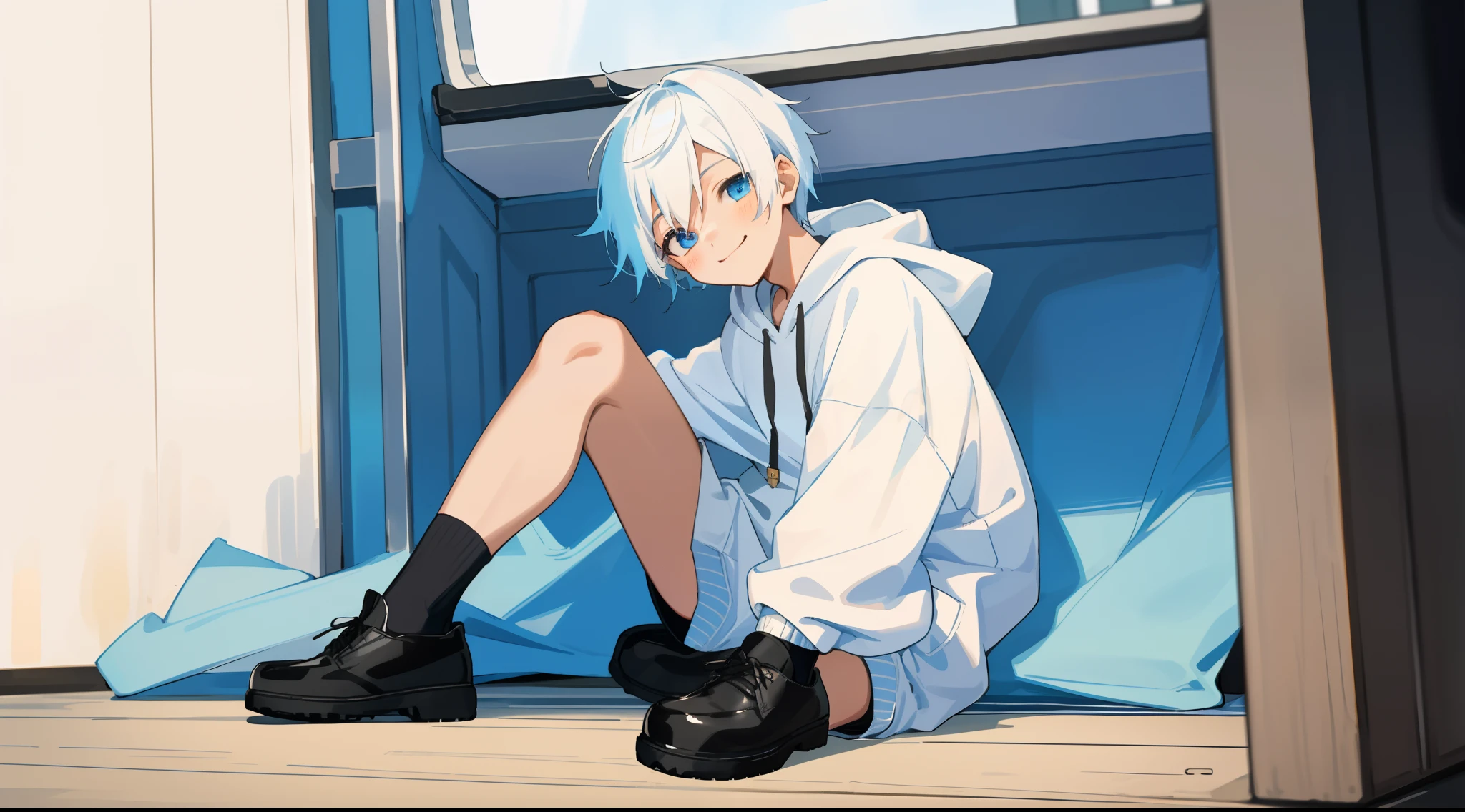 HD picture, lots of details, children's youthful style, strong and vibrant blue eyes, interior scene, 1boy with short white hair sitting on the ground, wearing slim white hoodie and black knee socks, smiling, black shoes, depth of field, full body view.