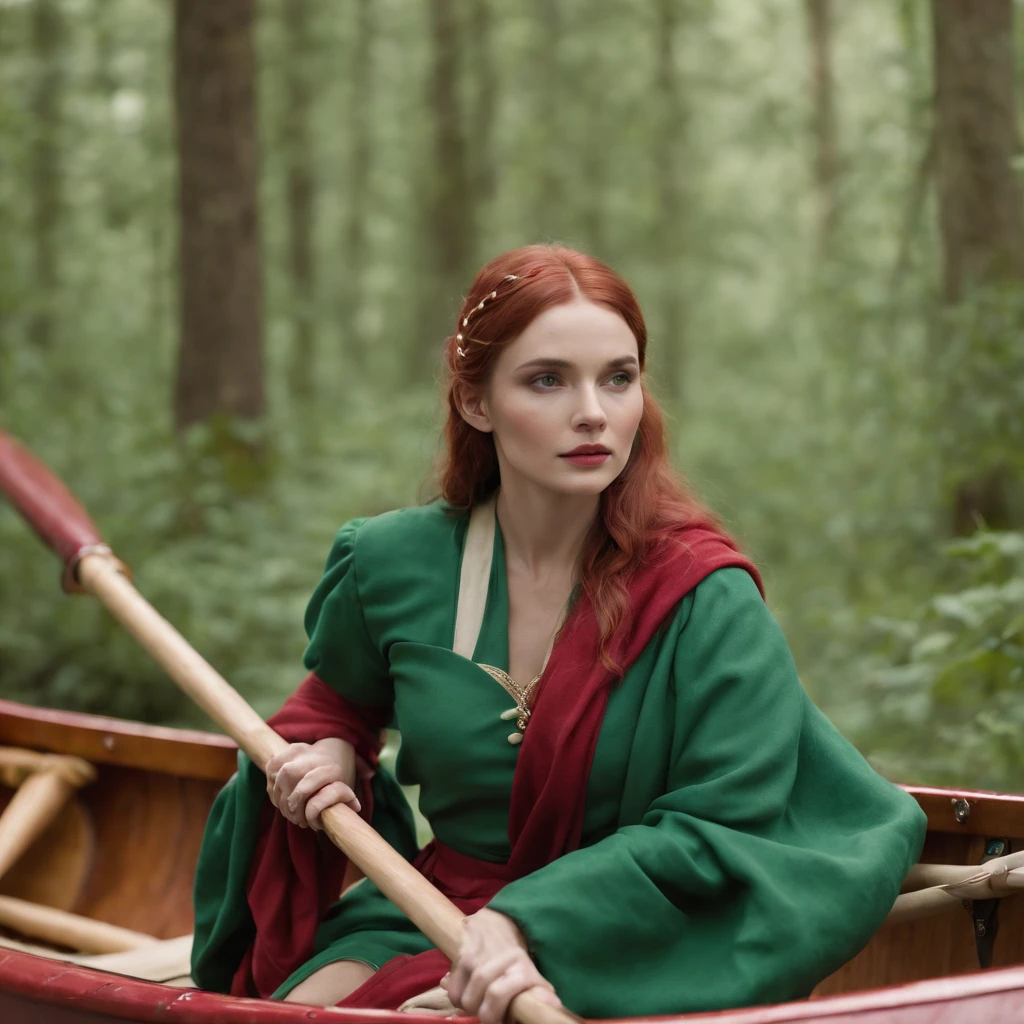 Canoe, in the style of bold fashion photography, red and green, detailed costumes, barbiecore, pale palette, iconic, grandiose color scheme