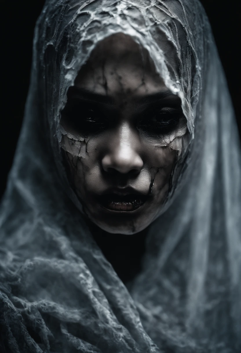 Photographic still of an malay girl in hijab, translucent skin, teeth dripping,, veins showing beneath it's skin, dark, onimous