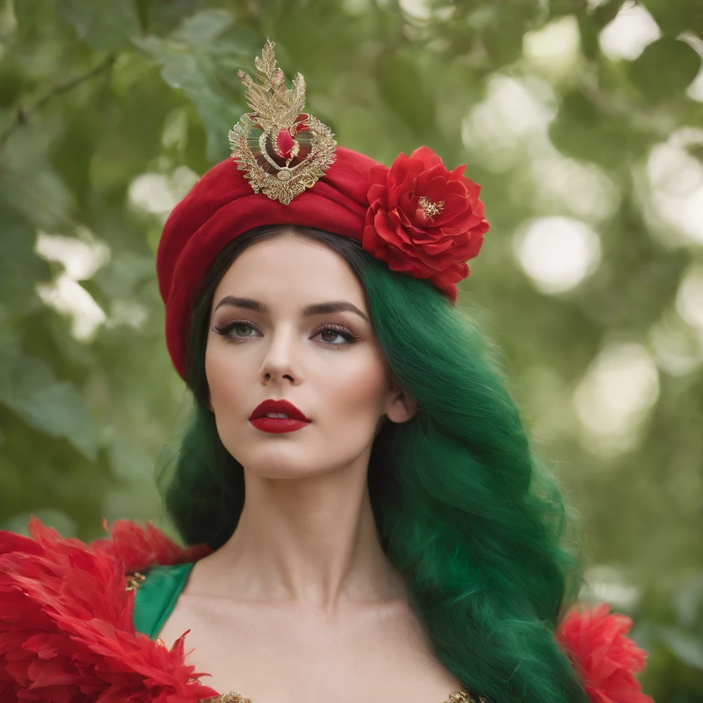 Bird, in the style of bold fashion photography, red and green, detailed costumes, barbiecore, pale palette, iconic, grandiose color scheme