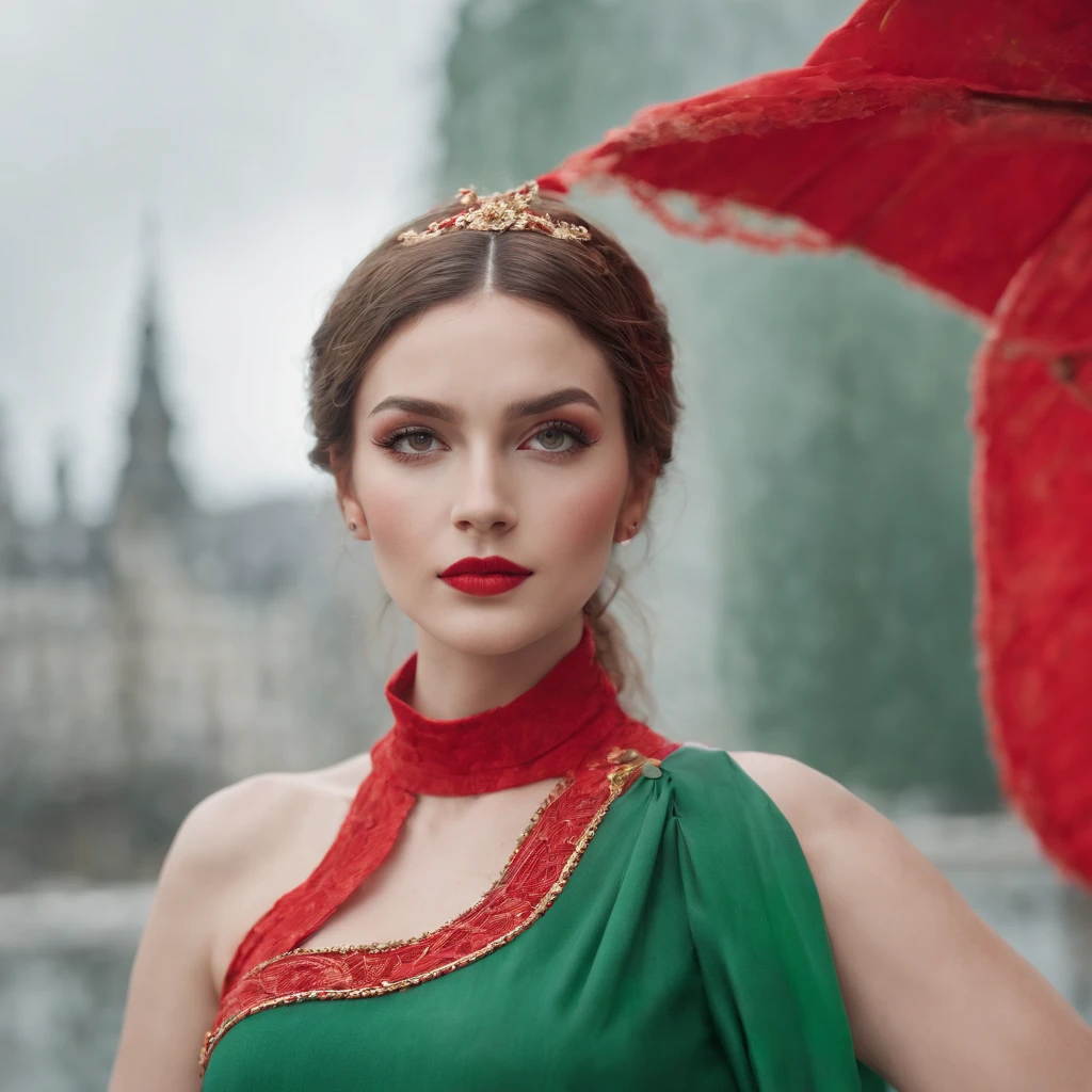 Woman, in the style of bold fashion photography, red and green, detailed costumes, barbiecore, pale palette, iconic, grandiose color scheme