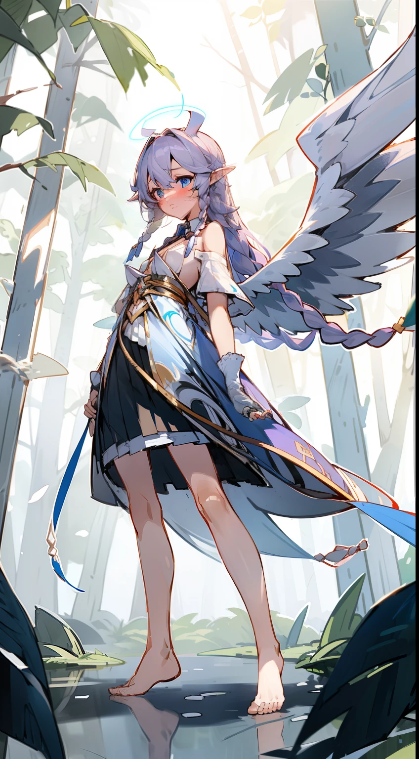 1girl,20s,solo,shy face,white shirt,black skirt,small tits,light purple hair,long hair,braided hair,Wings,blue eyes,,elves ears,(((standing in front of a forest)))