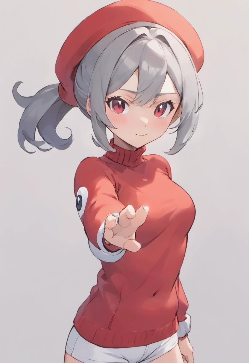 One girl、Arms forward、Hand Par、Close-up of the subject's upper body、Composition of the subject seen from the front、Long Sleeve Red Turtleneck Knit、White shorts、red headwear、Gray ponytail、Pose with one arm thrust forward、