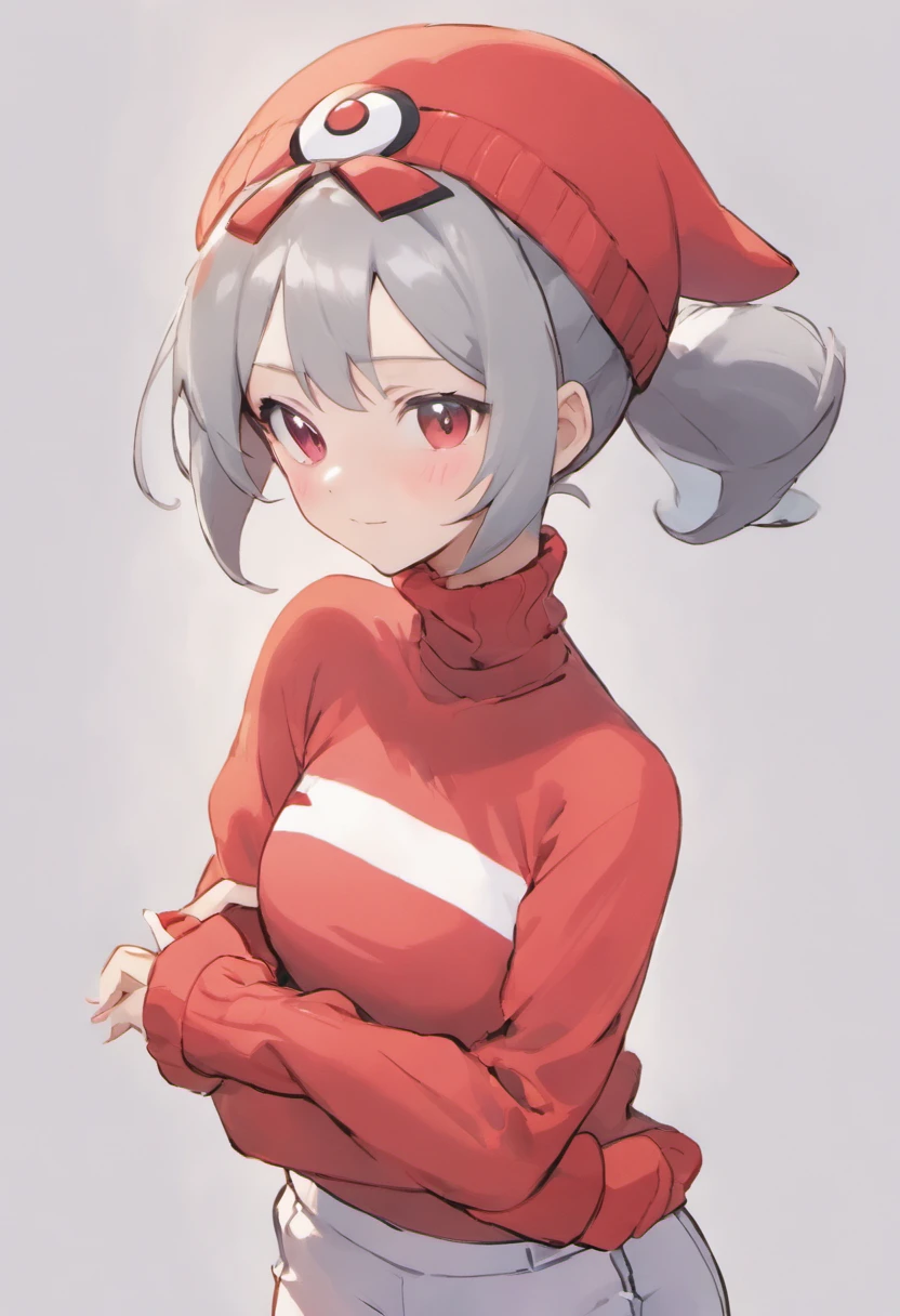 One girl、Arms forward、Hand Par、Close-up of the subject's upper body、Composition of the subject seen from the front、Long Sleeve Red Turtleneck Knit、White shorts、red headwear、Gray ponytail、Pose with one arm thrust forward、