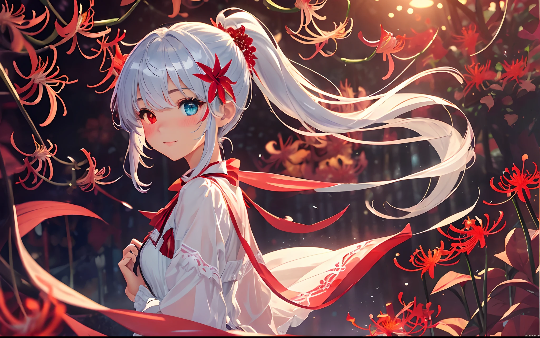 ​masterpiece、top-quality、Photorealsitic、ultra-detailliert、delicate、orderly,High Detail、(cute little)、Beautiful fece、An majestic、Glossy、shinny skin、bluish-silver ponytail、 (drooping iris heterochromia iris:1.3)、15yo student、Girl with a gentle smile、A shy girl、thin、(radiant eyes)、ambient occlusion,ambient lights,ray trace reflection, cowboy  shot、blured background、deep-shadows、(Red Spider Lily:1.3)、autumnal、Autumn clothes、Fluttering petals、A flower garden