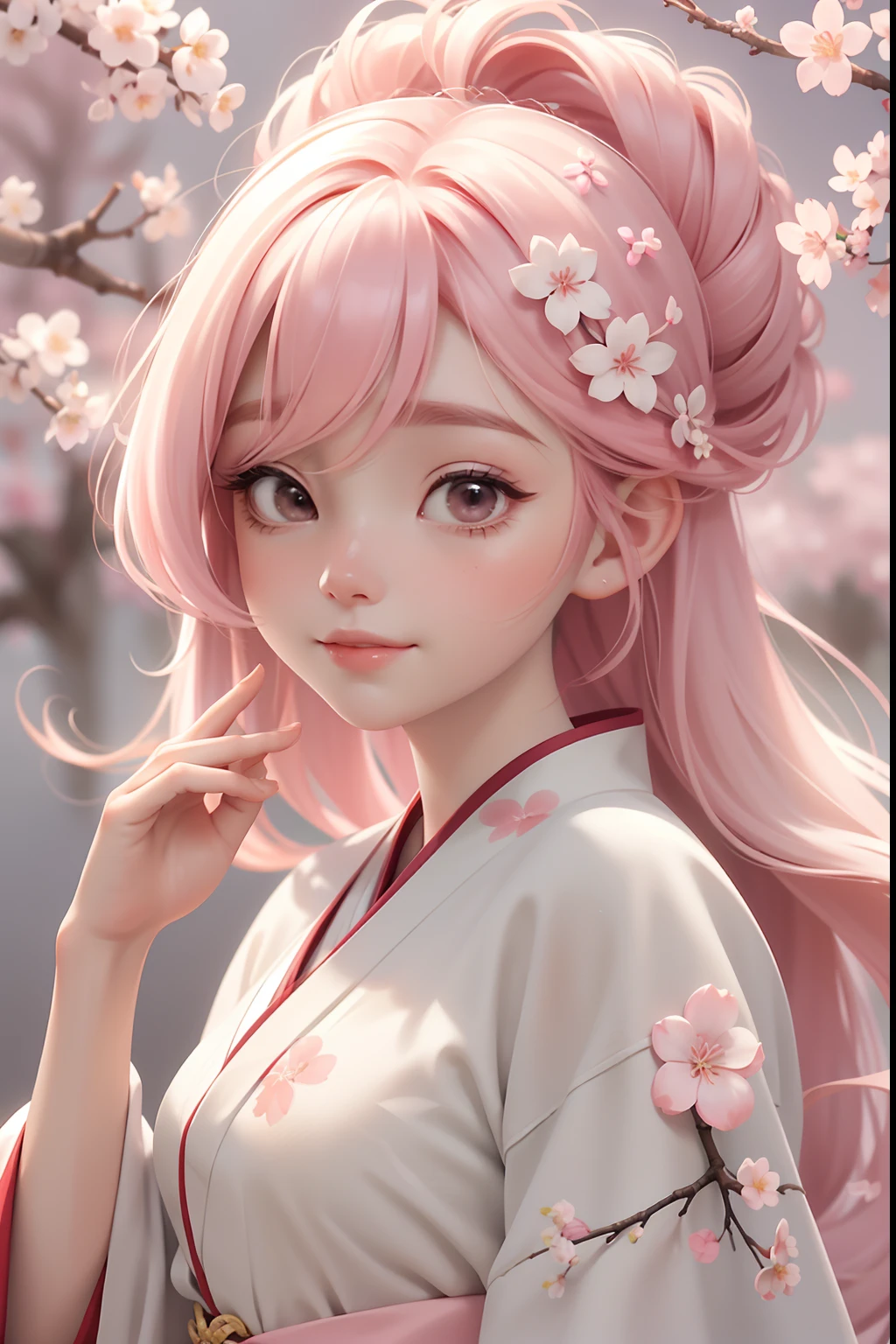 Kizi, bun hairstyle, Light hair color，wearing a hanfu，Stand under the cherry blossom trees，Cherry blossom forest，Cherry blossoms fluttering，Delicate facial features, Clear facial features, Optimized details,Ultra-high sharpness,k hd,8K