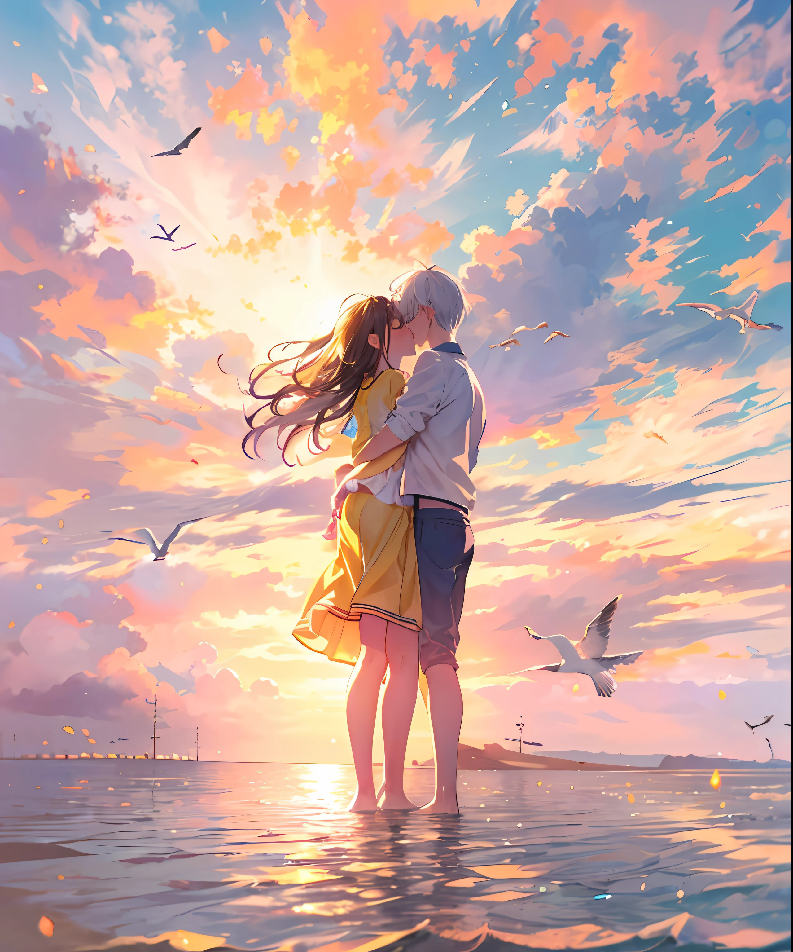 (((masterpiece)))、(((top-quality)))、((ultra-detailliert))、(illustratio)、((extremely delicate and beautiful))、1womanl,1girl in ,,hug,kiss, lesbian, (Midriff:0.8), (Lips:0.7), LLChar,, Grab another butt, Saliva Swap,Yellow blends to fill the sky、The sunset over the beach is truly mesmerizing。The crystal clear sea gently kisses the shore、White sand beaches stretch everywhere。Seagulls soar high into the sky、It is a dynamic and breathtaking scene with palm trees gently swaying。Embrace a calm atmosphere、Peace washes you。