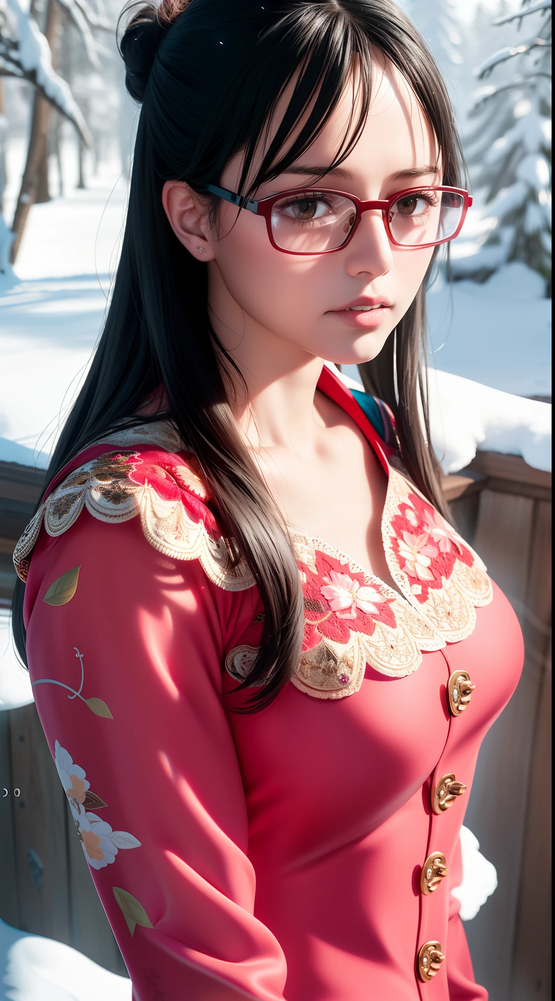 ultra realistic 8k cg, masterpiece, ((ultra detailed background, delicate pattern, intricate detail)), (highly detailed, fine details), best quality, (photorealistic:1.4),beautiful lighting,  absurdres, RAW photo, film grain, ((medium breasts, slim girl)), Tashigi, 1girl, solo, black hair, glasses, epaulettes, gloves, closed mouth, blue hair,  long hair, red-framed eyewear, pants, coat, shirt, brown eyes, floral print, (complex detailed background, snowy nature environment, snow, daytime, sunny, close-up, portrait),((slim girl, medium breasts)),