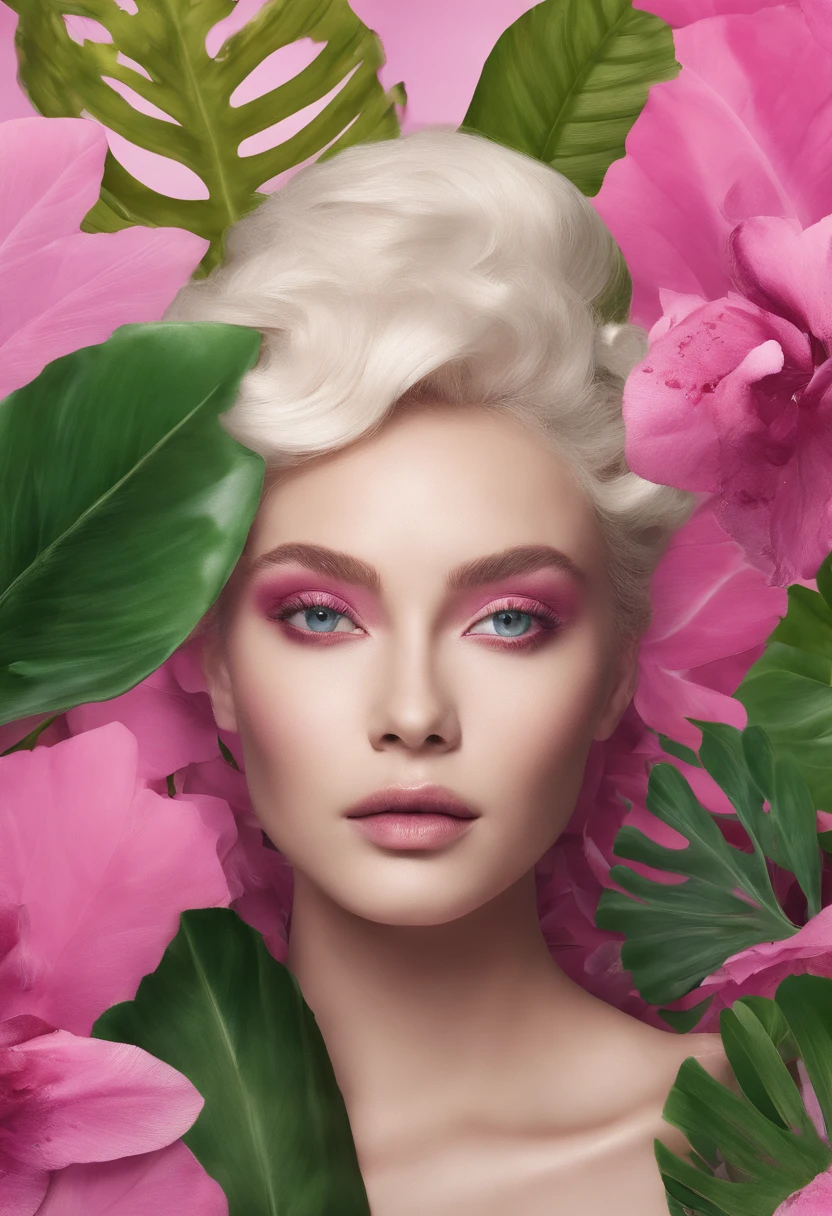 Jungle, in the style of ethereal portraiture, light white and light magenta, celebrity photography, album covers, barbiecore, crisp and delicate, light yellow and light magenta.