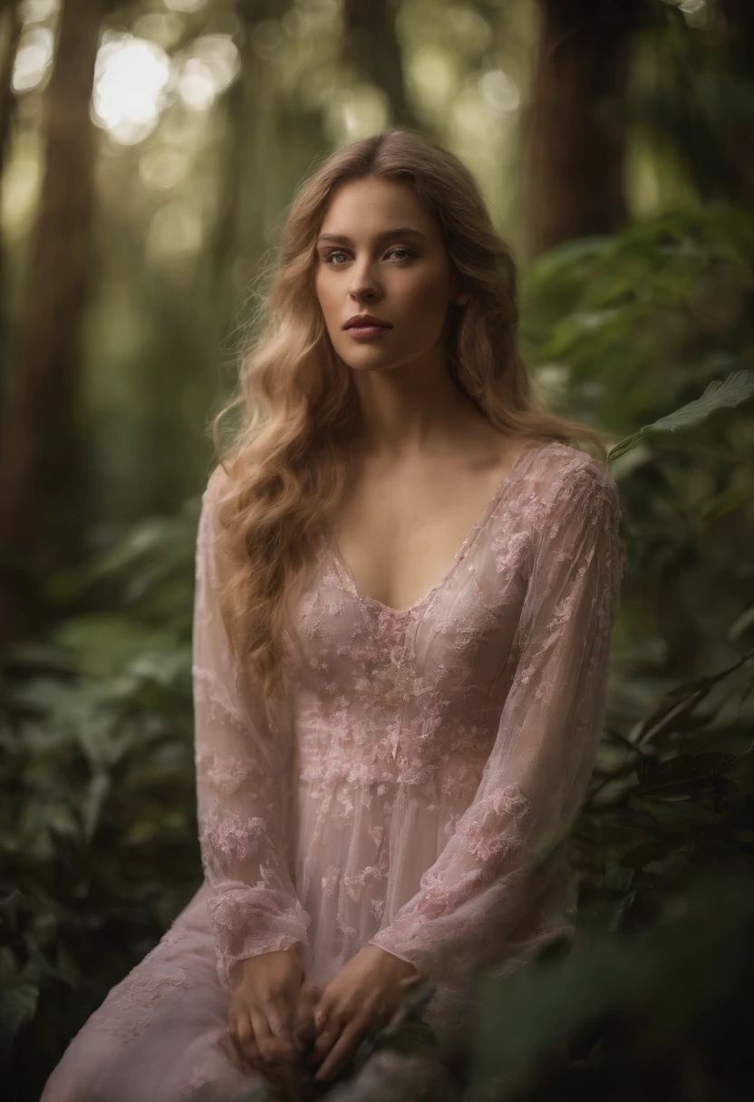 Jungle, in the style of ethereal portraiture, light white and light magenta, celebrity photography, album covers, barbiecore, crisp and delicate, light yellow and light magenta.