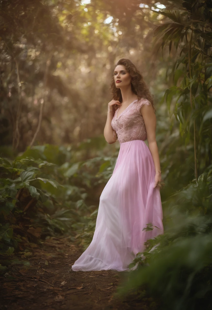 Jungle, in the style of ethereal portraiture, light white and light magenta, celebrity photography, album covers, barbiecore, crisp and delicate, light yellow and light magenta.