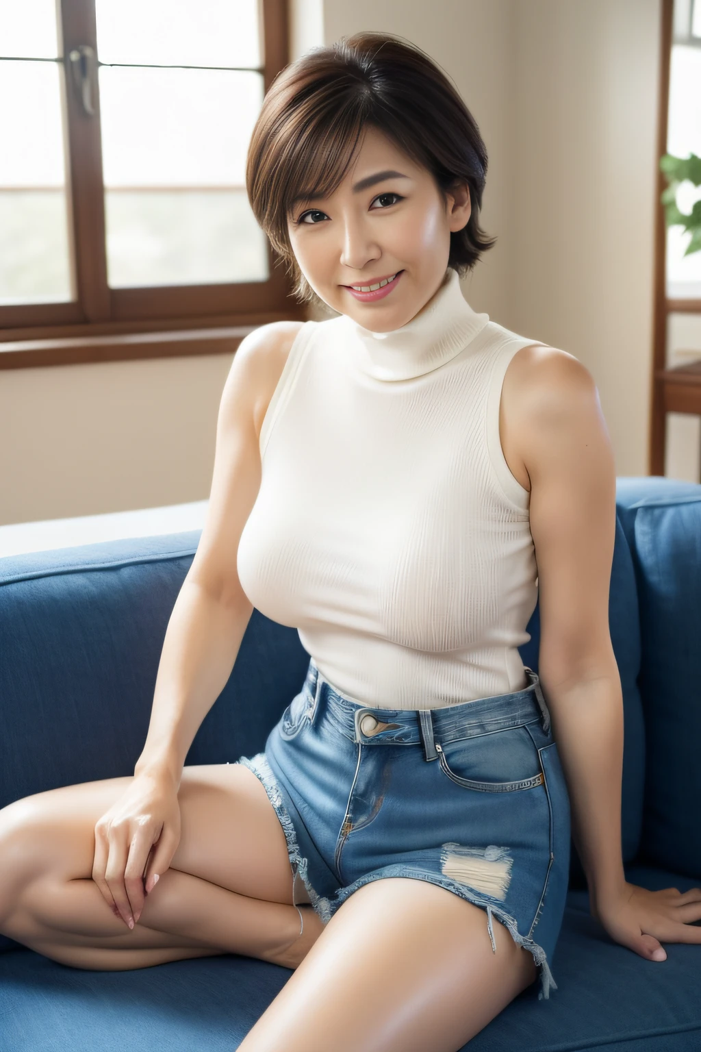 japanese mature, (Solo), 50 years old, (Wrinkles at the corners of the eyes:1.2), Large breasts, A MILF, glamor, A sexy, Chromo-white skin, Looking at Viewer、Super large udder、Wearing a sleeveless turtleneck knit、Tight Fit Knitted Dresses、Muchimuchi、(Super Short Denim Shorts:1.3)、high-heels、ssmile、livingroom、Sitting with legs open、 (Navel exposed:1.3)