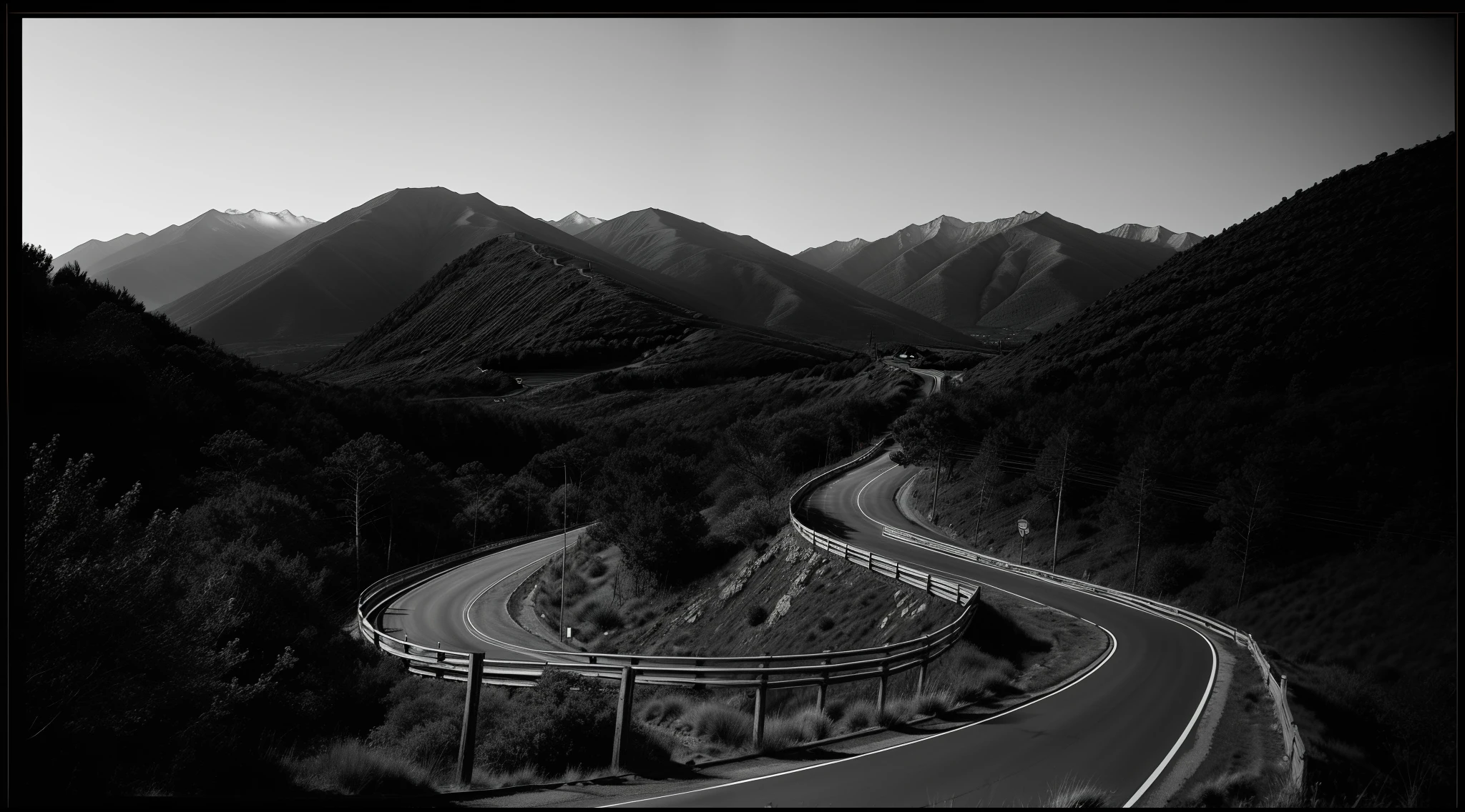 (black and white manga style)nigth,Winding mountain roads,It's all woods nearby