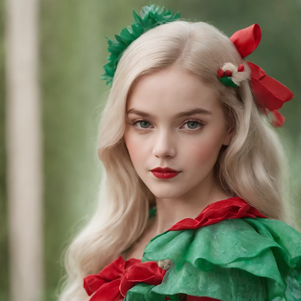 Child, in the style of bold fashion photography, red and green, detailed costumes, barbiecore, pale palette, iconic, grandiose color scheme