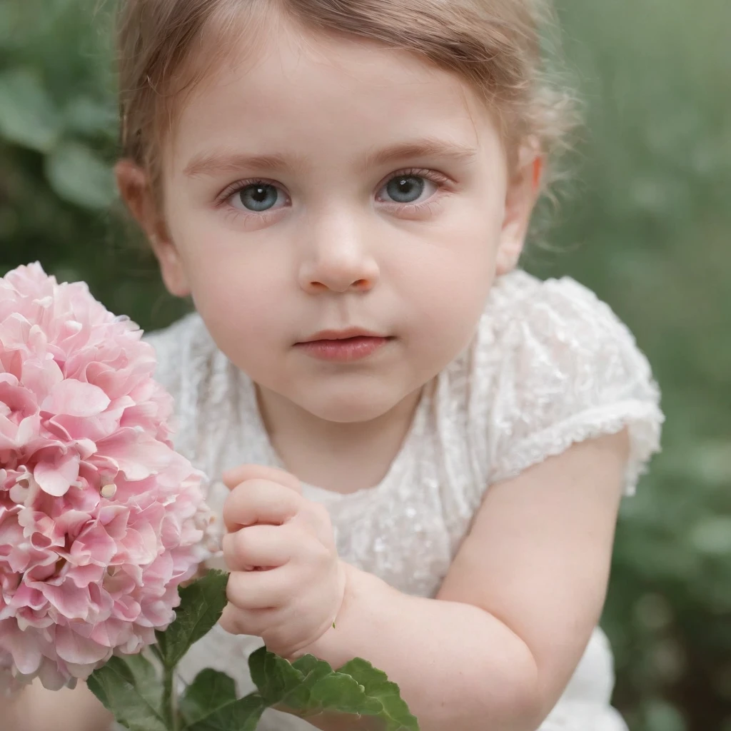 Child on a flower, in the style of androgynous, wollensak 127mm f/4.7 ektar, white and pink, uhd image, punk rock aesthetic, detailed facial features, feminine sensibilities .