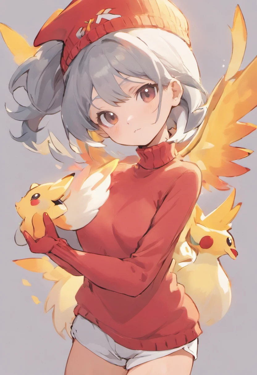 One girl、Bring your arms forward、Hand Par、Close-up of the subject's upper body、Composition of the subject seen from the front、Long Sleeve Red Turtleneck Knit、Phoenix in clothes、White shorts、Red cap、Gray ponytail、Pose with one arm thrust forward、