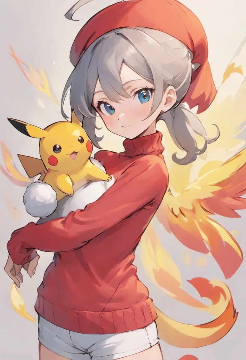 One girl、Bring your arms forward、Hand Par、Close-up of the subject's upper body、Composition of the subject seen from the front、Long Sleeve Red Turtleneck Knit、Phoenix in clothes、White shorts、Red cap、Gray ponytail、Pose with one arm thrust forward、