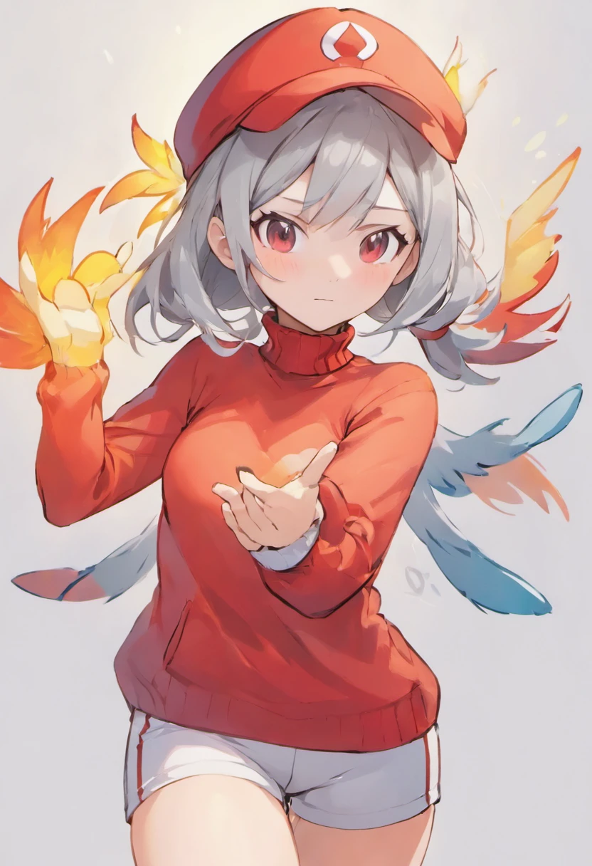 One girl、Bring your arms forward、Hand Par、Close-up of the subject's upper body、Composition of the subject seen from the front、Long Sleeve Red Turtleneck Knit、Phoenix in clothes、White shorts、Red cap、Gray ponytail、Pose with one arm thrust forward、