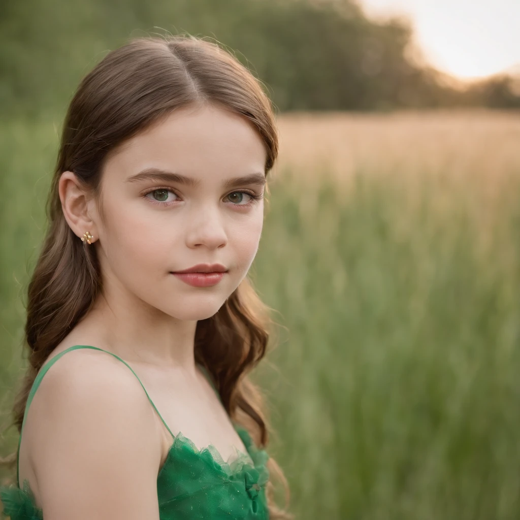 A 8 year old daughter with dark blonde hair and ice blue years wearing a dark green velvet dress
