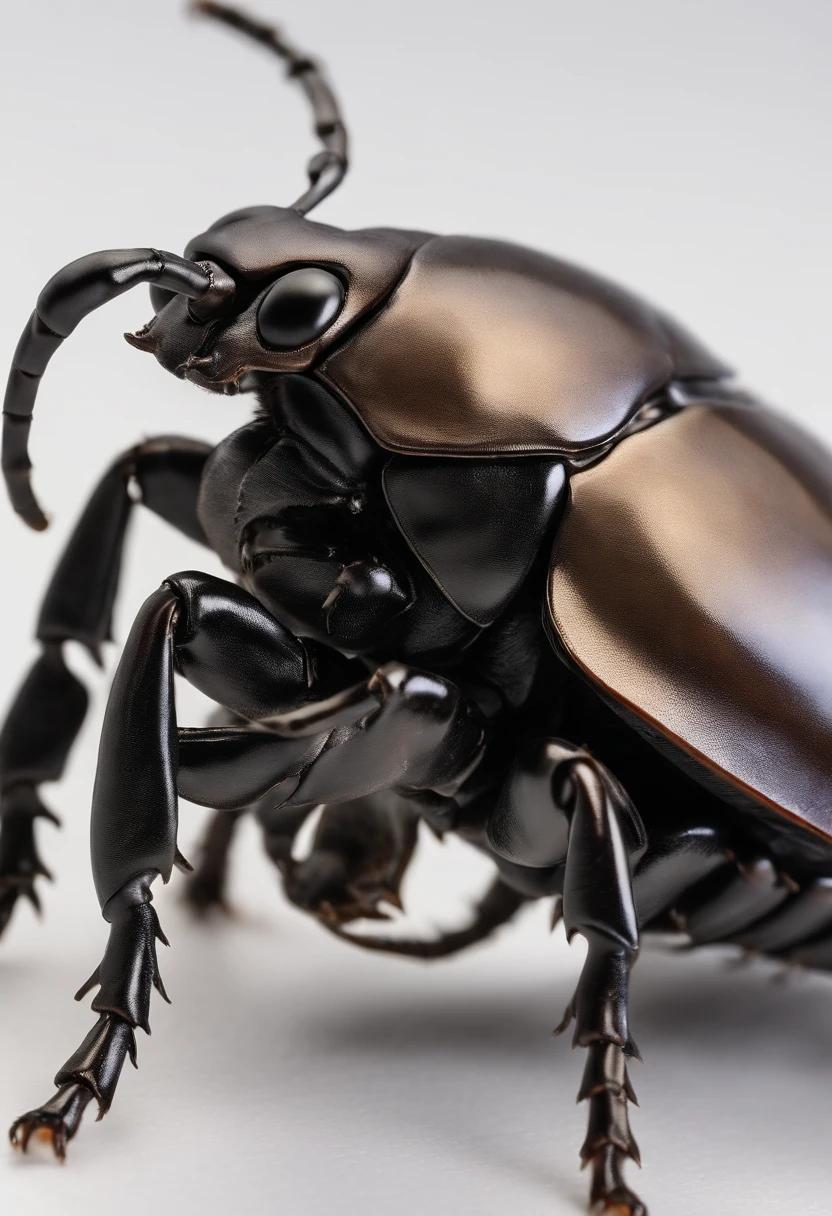 Close-up of a beetle on a white surface, ((Rhinoceros beetle)), Horned beetle, insects, beetles, Giant insects, rhinoceros beetle, scarab, Inspired by beetles, insects,It looks like an insect, Huge bugs, Horned, cute little,illustratio