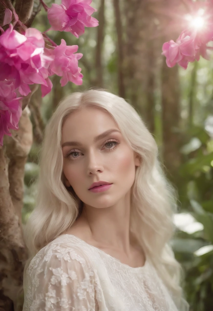 Jungle, in the style of ethereal portraiture, light white and light magenta, celebrity photography, album covers, barbiecore, crisp and delicate, light yellow and light magenta.