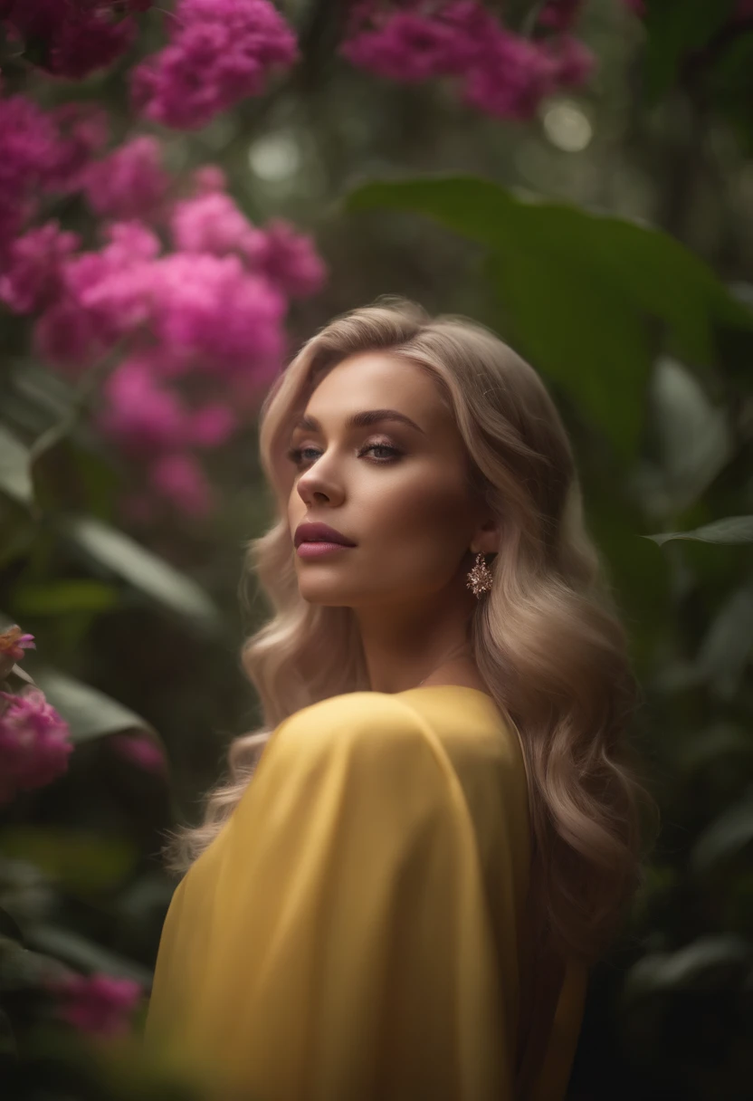 Jungle, in the style of ethereal portraiture, light white and light magenta, celebrity photography, album covers, barbiecore, crisp and delicate, light yellow and light magenta.