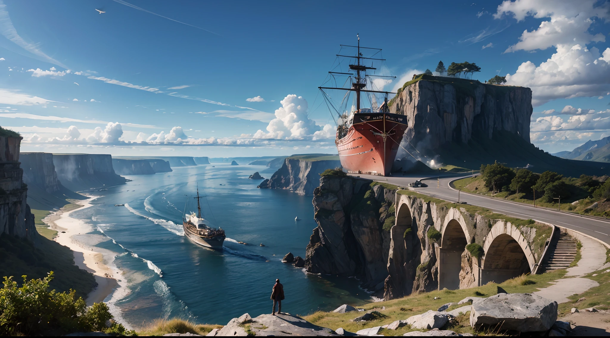 ({{highres,}},masterpiece,ultra-detailed,best quality,8k), cloud, sky, scenery, day, blue_sky, mountain, cloudy_sky, outdoors, waterfall, fantasy, horizon, cliff, rock, water, landscape, mountainous_horizon, ocean, tree, river, floating_island, (huge pirate ships), (ufo), alien invasion
